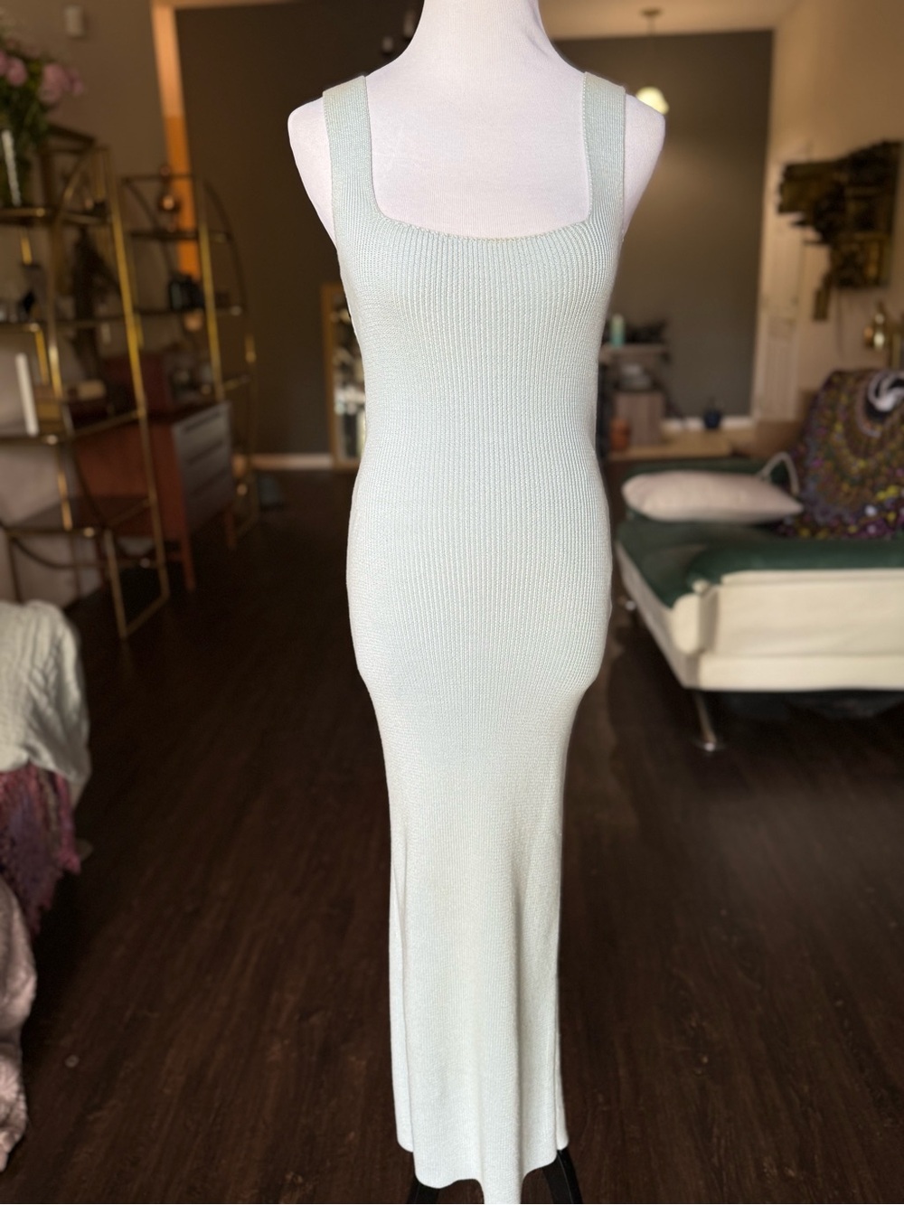 JLUXLABEL Sage Mint Green Ribbed Square Neck Maxi Dress- Medium